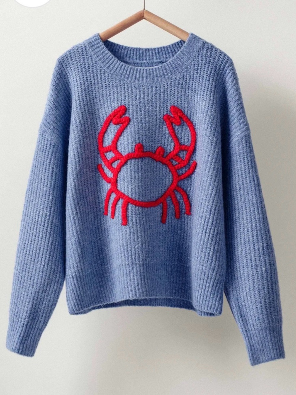 346 Dreamers Light Blue Crewneck Sweater with Red Crab Appliqué - Picture 1 of 2